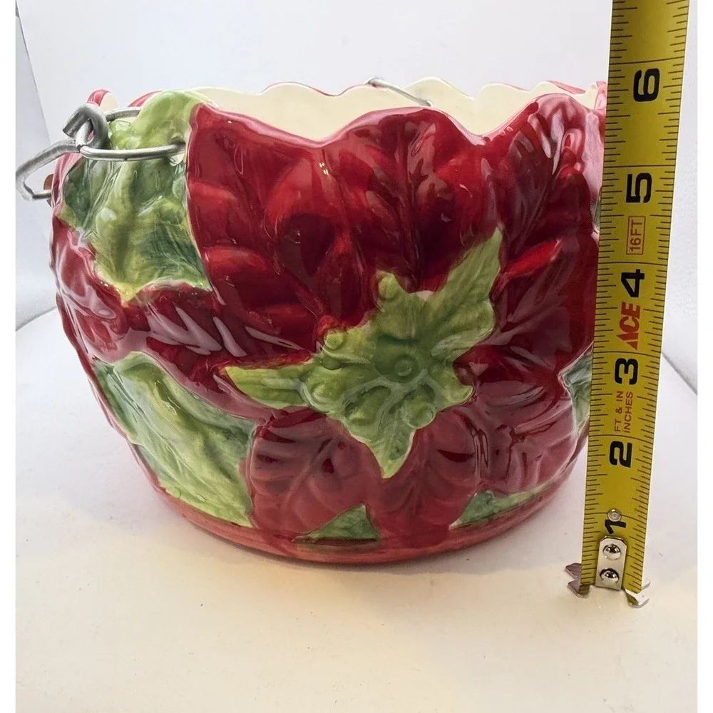 Maxcera Poinsettia Ceramic Basket Bowl Metal Wood Handle Christmas 8.5